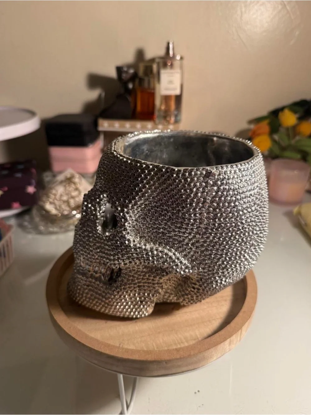 Silver Rhinestone Skull Decorative Holder
